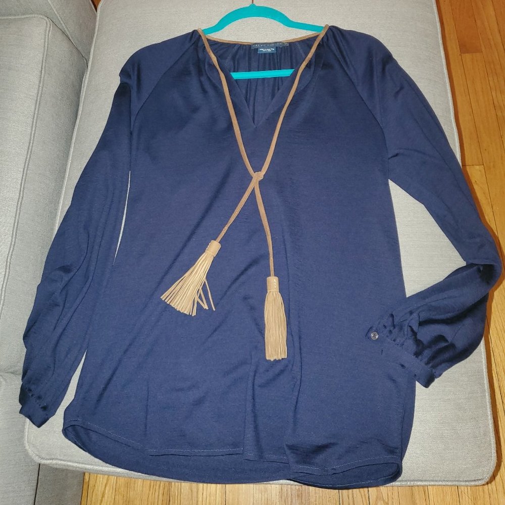 Ralph Lauren Navy 100% Wool Tunic Blouse Suede Leather Tassels XS